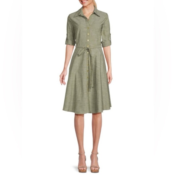 SHARAGANO Belted A Line Shirt Dress Sz 16 - Picture 1 of 8